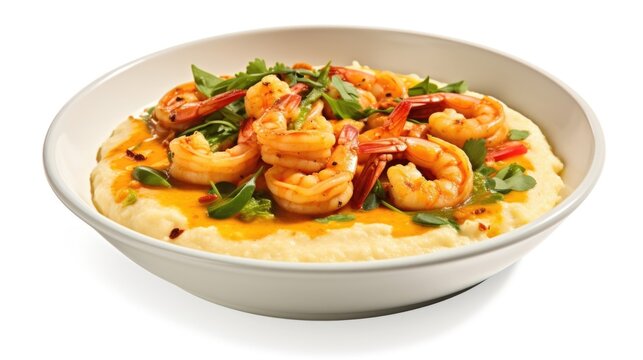 A vibrant composition featuring a medley of color and flavor mildly y Cajunstyle shrimp served atop creamy, cheesy grits, tantalizing both the eyes and taste buds.
