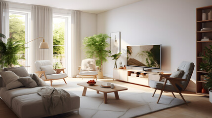 grand salon moderne et lumineux avec canapé, fauteuils, TV LED, table basse