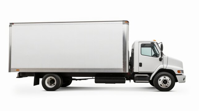 A plain white delivery or moving truck mock up with a plain background, ready for text and image to be added. Generative AI. 