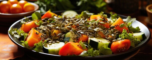 A rustic shot of a hearty salad, composed of mixed greens, topped with a tering of chia seeds, sunflower seeds, and pumpkin seeds, serving as an intricate garnish that enhances both taste