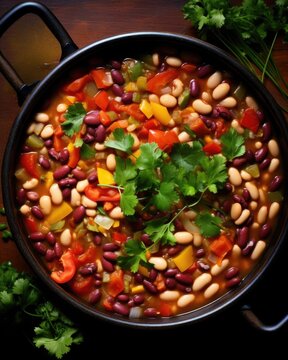 An overhead shot reveals a hearty mixed bean soup simmering in a large pot. The array of legumes, including great northern beans, pinto beans, and navy beans, add depth and heartiness to
