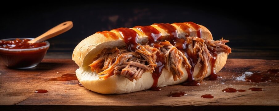 An artfully composed shot of a crusty bread roll, sliced open to reveal tender shreds of slowcooked pulled pork nestled inside, accompanied by a zesty homemade barbeque sauce.