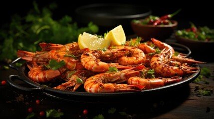 The smoky aroma emanating from a shot of grilled shrimp skewers is intensified by a light dusting of chili powder. The e enhances the natural sweetness of the succulent shrimp, promising