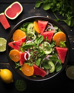An Overhead Shot Of A Colorful Salad Bowl Filled With Vibrant Greens And An Assortment Of Chopped Fruits. Ast The Slices Of Juicy Watermelon And Tangy Oranges Lie Small, Crushed Cardamom