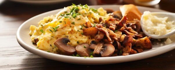 A rustic breakfast platter showcases scrambled eggs cooked to perfection, surrounded by a medley of saut ed mushrooms, crispy bacon bits, and shredded cheddar cheese.