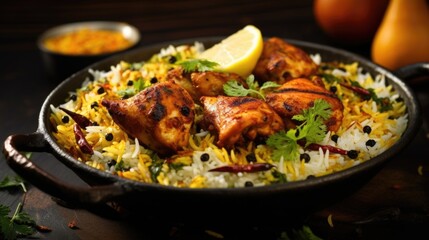 Macro shot of a zesty chicken tikka biryani, exhibiting succulent pieces of grilled chicken, marinated in a fiery e blend and tossed with fragrant rice, garnished with freshly chopped green