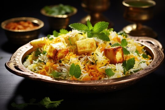 A picturesque shot of a delectable paneer biryani, enticingly showcasing tender cubes of homemade cottage cheese marinated in a tangy e mix, intermingling with layers of flavorful basmati