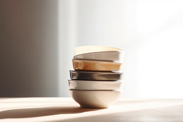 Ceramic bowls of neutral colors, hard light. Generative AI - obrazy, fototapety, plakaty
