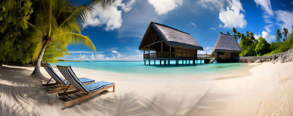 une chaise longue sur une plage de sable fin devant une mer bleue turquoise et une maison sur pilotis