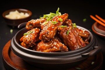 A visually stunning image featuring a variety of Korean fried chicken wings, showcasing different flavors such as garlic er, sweet and sour, and y honey. The wings are meticulously presented