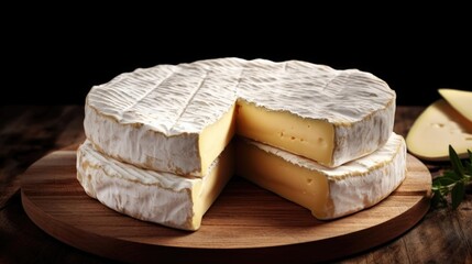 A wedge of soft, bloomy rind cheese entices the viewer with its ethereal, pure white exterior.  zooms in to capture the cheeses delicate texture, showcasing the softness that yields