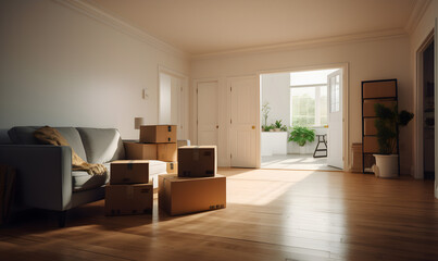 appartement en cours de déménagement avec des cartons et des affaires partout, espace vide au sol pour incrustation de texte