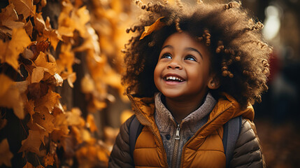 A little black boy happy on an autumn day. Ai generative - obrazy, fototapety, plakaty