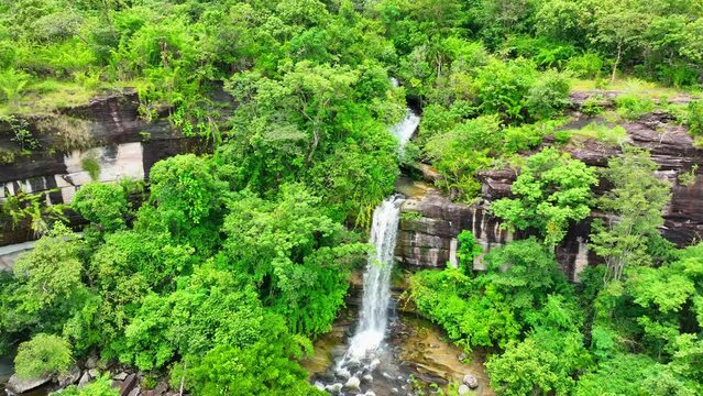 Lush green canopy surrounds a majestic tropical waterfall, as clear waters cascade through the dense foliage. Soi Sawan Waterfall, Pha Taem National Park, Ubon Ratchathani Province, Thailand.
