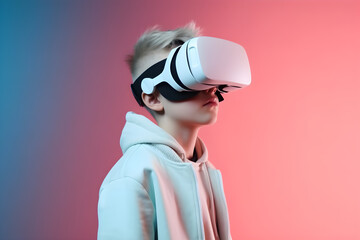 A boy wearing virtual reality headset on bright pastel background, VR, future, gadgets, technology, education online, studying, video game concept