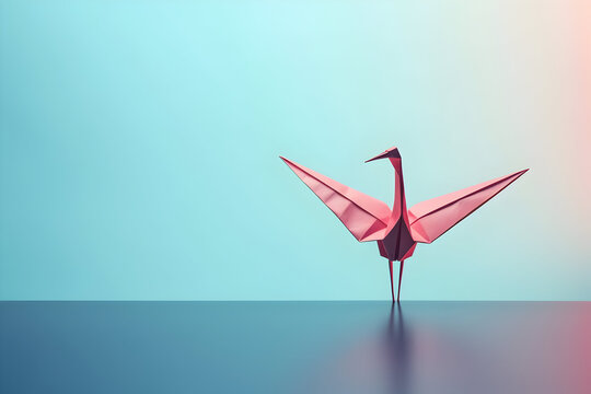 A single origami crane delicately folded on the edge, Paper Crane standing on solid gradient background