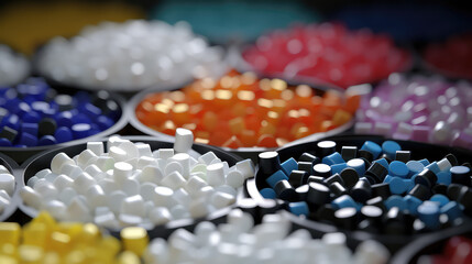 Plastic colored polimer pellets, creative plastic recycling and reuse banner, separate waste collection, plastic manufacturing.