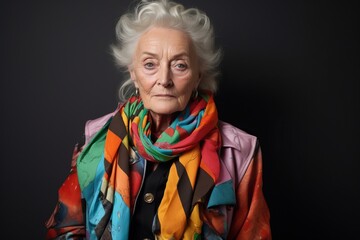Portrait of an elderly woman with a scarf on a black background