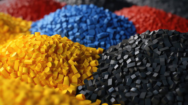 Plastic multicolored polimer pellets, creative plastic recycling and reuse banner, separate waste collection, plastic manufacturing.