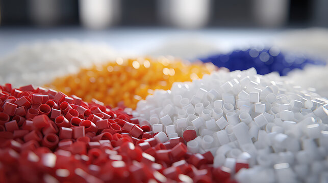 Plastic colored polimer pellets, creative plastic recycling and reuse banner, separate waste collection, plastic manufacturing.