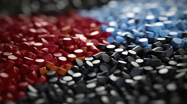 Plastic colored polimer pellets, creative plastic recycling and reuse banner, separate waste collection, plastic manufacturing.