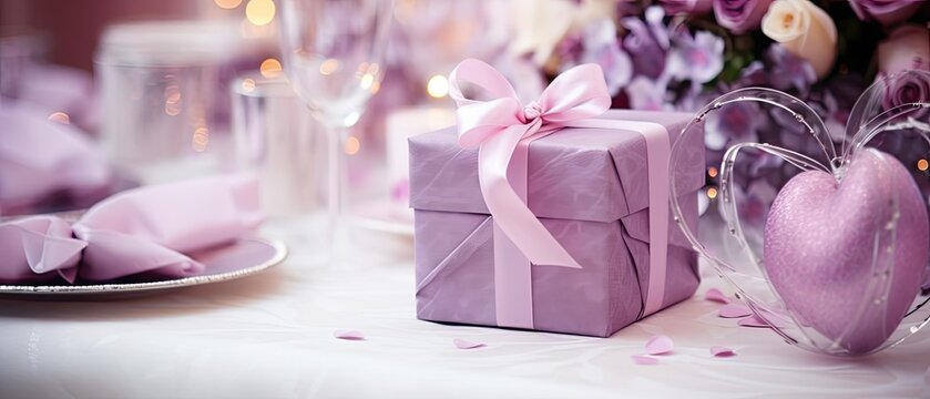 Festive table setting with gift box, for christmas eve, wedding party, ai generated