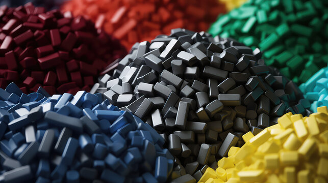 Plastic multicolored polimer pellets, creative plastic recycling and reuse banner, separate waste collection, plastic manufacturing.