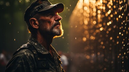 An older veteran at a war memorial paying respects to fallen comrades. 