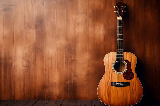Acoustic guitar on wooden background, A classic acoustic fictional guitar elegantly placed, musical inspiration © VisionCraft