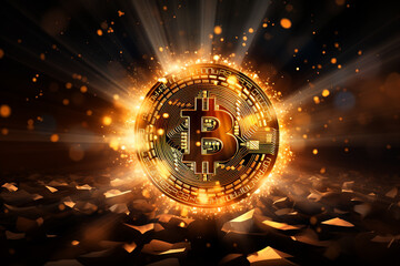 goldene Bitcoin BTC Symbol Münze mit Licht Effekt auf dunklem Hintergrund. Querformat. Generative Ai. - obrazy, fototapety, plakaty