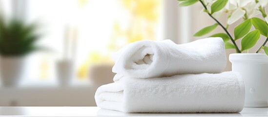 Obraz na płótnie Canvas White towels arranged on white table ideal for showcasing products in a blurred living room background