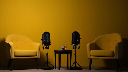 A studio with armchairs and a microphone isolated on yellow background, 3d rendering podcast, interview, recording studio background