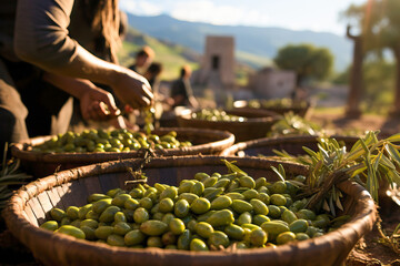 Aesthetic image of traditional olive harvest - obrazy, fototapety, plakaty