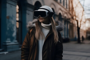 Fototapeta premium A Young woman wearing virtual reality headset in the city, exploring the city, urban, VR, future, gadgets, technology, education online, studying, video game concept