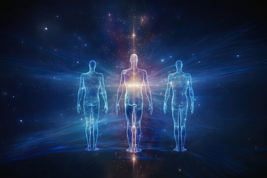 Three silhouettes of human astral bodies, concept image for near death experience, spirituality, and meditation - AI Generated