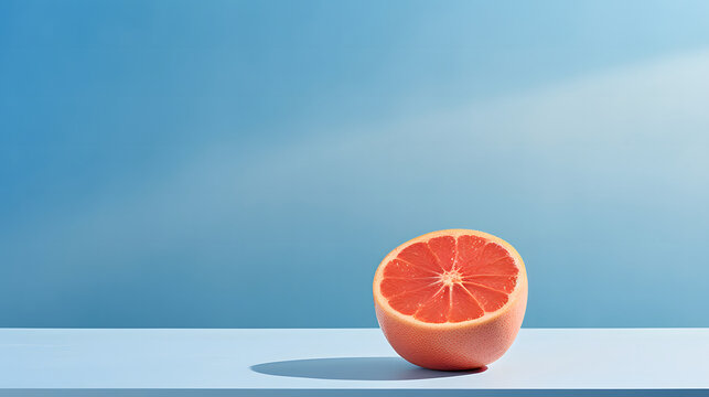 Fresh sliced orange grapefruit on a blue background color with ambient light. Minimal food concept on blue background with copy space