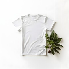white t shirt mockup with green leaf isolated on white background