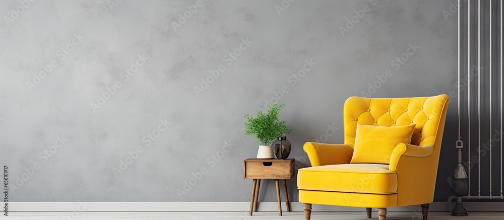 Poster chic living room with yellow armchair