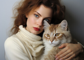 Portrait of young sensual redhaired woman holding white ginger long-haired cat in her arms - 656101902