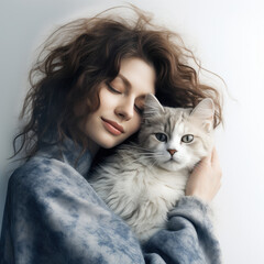 Young sensual curly woman hugs, holds white long-haired cat in her arms - 656101930