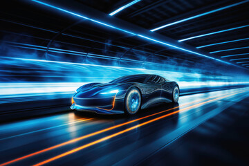 Fototapeta na wymiar Modern electric car concept with neon lights in a tunnel.