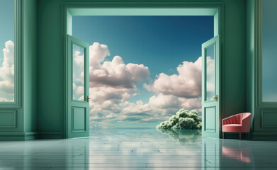 Fantasy interior, room, hall with opened doors and blue sky with clouds outside