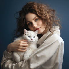 Sensual woman holds white cat in her arms, hugging - 656101968