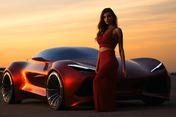 A futuristic sportscar presented by a hot lady.