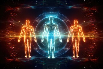 Three silhouettes of human astral bodies, concept image for near death experience, spirituality, and meditation - AI Generated