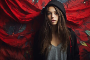 Portrait of a beautiful girl in a black hoodie on a red background
