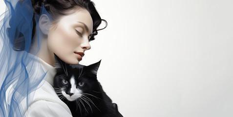 Young sensual brunette woman with closed eyes holds black white cat in her arms. Side view. Isolated on white background - 656102176