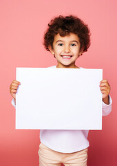Generative AI, small child, toddler holding a white blank sign in his hands for text, image or advertising, mockup, smiling kid on a colored background with an object, products for children, boy, sale