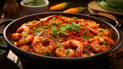 "Traditioneller Genuss: Saftige Garnelen, aromatisches Gemüse und würzige Gewürze, zart geschmort im Tontopf – Gambas im Tontopf, ein Geschmackserlebnis!"