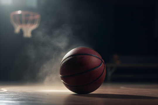 Basketball ball on a wooden floor in a dark room with foggy smoke. 3D sketch design and illustration